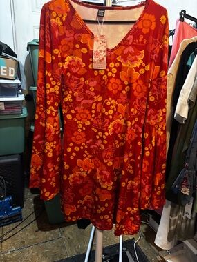 SHEIN Red Floral Midi Dress with Orange and Yellow Print